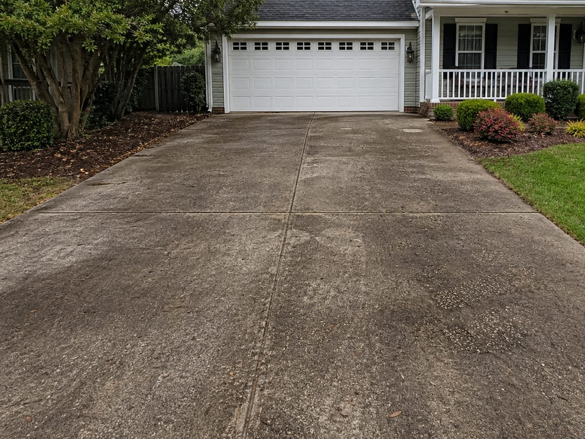 Concrete surface before cleaning — dark staining